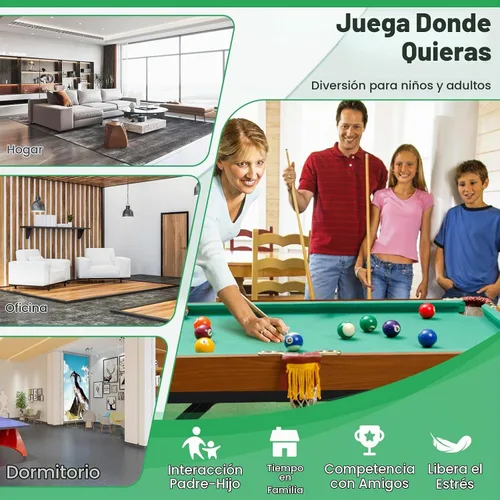 Vista 11 de GYMAX Mesa de billar, mesas de billar plegables de 48 pulgadas con bolas, 2 palillos de taco, tizas y cepillo, mini mesa de billar para niños Verde