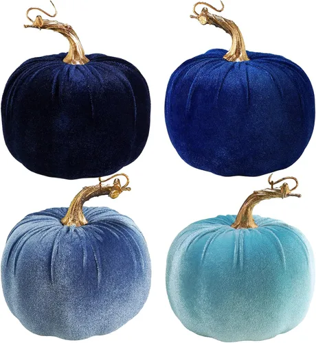 Winlyn 4 calabazas decorativas de terciopelo sintético azul, calabazas decorativas de tela de espuma para granja, otoño, boda, Halloween, Acción de