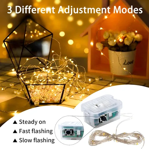 Vista 2 de Paquete de 12 luces de hadas, tira de 7 pies con 20 luces LED parpadeantes, 3 modos, funciona con pilas, impermeables, efecto de luciérnagas, Blanco