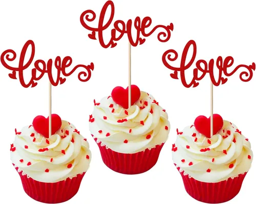 Vista 12 de Paquete de 24 adornos para cupcakes con purpurina en forma de corazón con temática de amor dulce, decoración de pasteles para el día de San