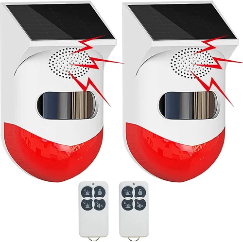 Vista 8 de Luz de alarma estroboscópica solar con sensor de movimiento, sirena de alarma para exteriores con control remoto de 120 db, luz de sirena