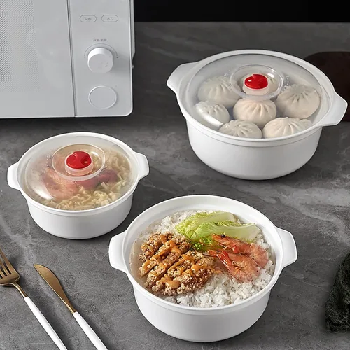 Vista 5 de Tazones para microondas de 3 piezas con tapas, aptos para microondas, platos aptos para microondas para calentar alimentos, artículos esenciales