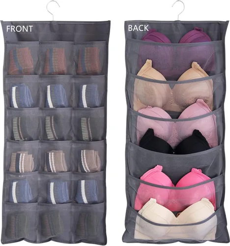 Vista 10 de Organizador de armario de doble cara con bolsillos de malla para colgar, para ropa interior, brasier, calcetines, accesorios con percha, total de 24