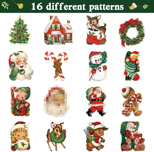 Vista 2 de Rollos de pegatinas vintage de Navidad - 1000 piezas Dibujos animados de Papá Noel, muñeco de nieve, alce, árbol de Navidad Vinilo impermeable
