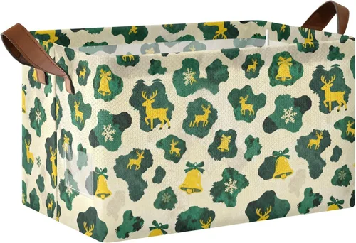 Christmas Cow Fur Print Green and Yellow Large Storage Boxes Baskets Fabric Storage Bins with Handles Organizing Closet Shelf for Shelves Closet
