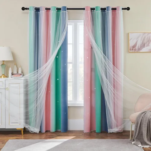 Vista 72 de XiDi Cortinas rosas y grises para dormitorio de niñas, calcomanías de pared de unicornio, cortina verde, cortinas de oscurecimiento de habitación