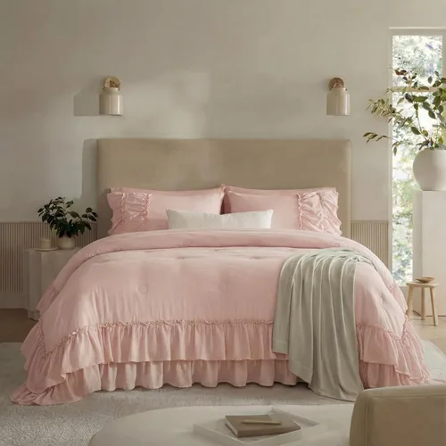 Vista 15 de Juego de Edredón Verde Aguacate de Tamaño Queen, Estilo Boho, Estilo Shabby Chic, 2 Capas, con Volantes, para Dormitorio, Decoración del Hogar