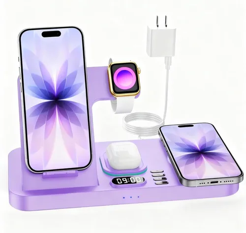 Vista 8 de Estación de carga inalámbrica de teléfono doble para dispositivos Apple, estación de carga magnética para iPhone con interruptor automático de luz