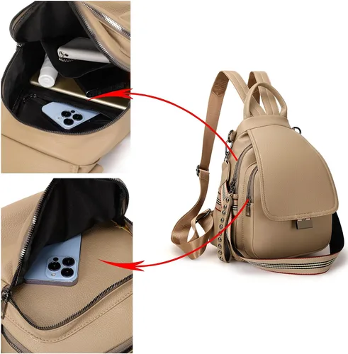Vista 3 de VONCOSS Mini mochila de moda para mujer, mochila pequeña, multibolsillos, convertible, bolsa de hombro, Caqui, Mochilas Daypack