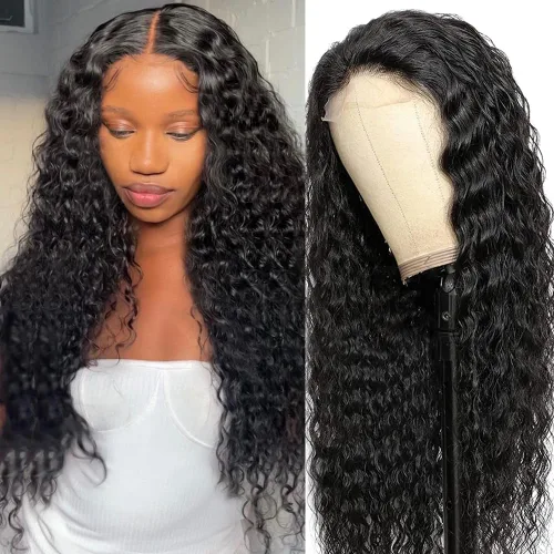 FIRIEYA Pelucas de cabello humano ondulado profundo con encaje frontal para mujeres negras, densidad del 180 %, 4 x 4, HD, transparente, cierre de
