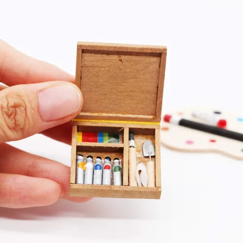 Vista 5 de 1/12 Caja de pintura de casa de muñecas Caballete Paleta Miniatura Arte Sala Escena Paintbox