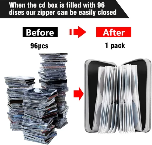 Vista 4 de Funda para CD, DVD con capacidad para 96 unidades, de plástico duro, CD y DVD, carpeta de almacenamiento para coche, hogar, oficina, viajes (negro)