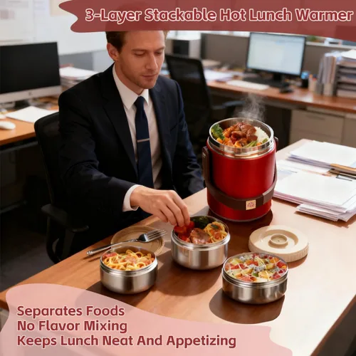 Vista 8 de Contenedor de comida aislado al vacío de 67 onzas para alimentos calientes, termo de alimentos apilable sellado de 3 niveles, lonchera térmica