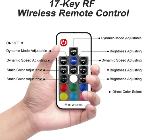 Vista 4 de RGBZONE Controlador LED USB RGB de 5 V CC, control remoto inalámbrico RF de 17 teclas, controlador de tira de luces LED de 4 pines, 5050 3528 2835