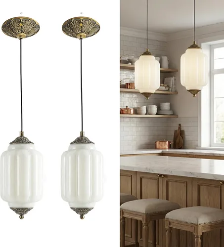2-Pack Vintage Milk Glass Pendant Lights Kitchen, Brass Color Glass Ceiling Light Fixture, Retro Industrial Pendant Lighting for Dining Room,