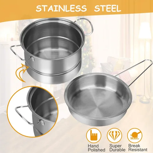 Vista 5 de Juego de comida para niños, accesorios de cocina, 46 piezas, utensilios de cocina de acero inoxidable con CuteApron, cortar alimentos de juego