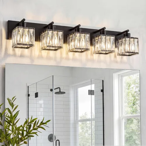 Vista 12 de VOLISUN Luces de Tocador de Cristal - 2 Luces Modernas de Acero Inoxidable para Baño Sobre Espejo, Acabado Cromado - Certificado UL