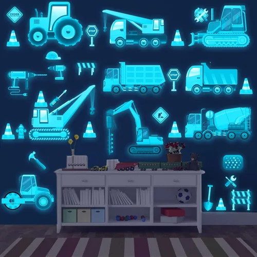 Vista 6 de Calcomanías de pared de construcción que brillan en la oscuridad, calcomanías de pared de construcción luminosas, calcomanías autoadhesivas que