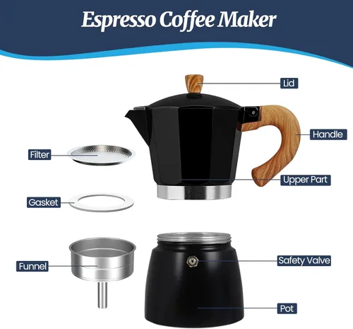 Vista 3 de Moka Pot - Cafetera italiana de aluminio de 15.2 fl oz, cafetera para estufa, cafetera espresso Mocha Pot (negro, 3 tazas)