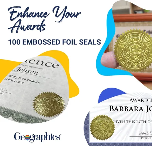 Vista 5 de Geographics Sellos autoadhesivos en relieve, 2.0 in (de) diámetro, oro, 20/hoja, 5 hojas/paquete