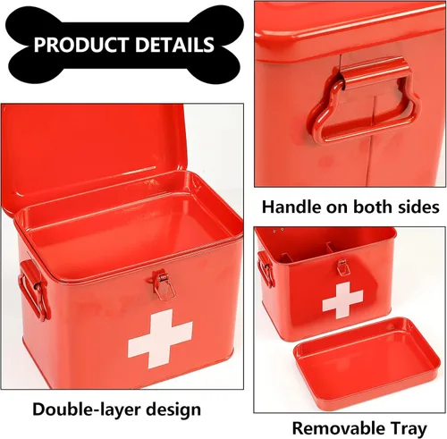Vista 2 de Kit de primeros auxilios, cubo de suministros de medicamentos de primeros auxilios, lata de almacenamiento de medicamentos de metal de 2 niveles