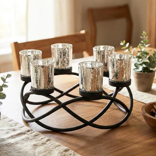 Vista 10 de Seraphic Portavelas de Halloween Decoración de Centro de Mesa – Portavelas de Hierro Metal Negro de 6 Copas para Velas Votivas y de Té para Mesa