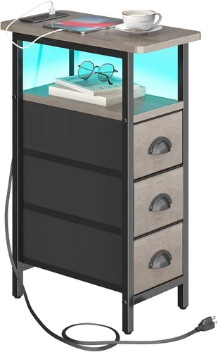 Vista 11 de sthmec Mesa auxiliar con estación de carga, mesas auxiliares LED con puertos USB y tomacorrientes, mesitas de noche delgadas con 3 cajones, mesas