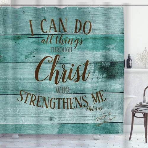 Vista 2 de ArtSocket I Can Do All Things - Juego de baño con cortina de ducha y accesorios para alfombras, patrón de madera rústica, cortina de ducha verde