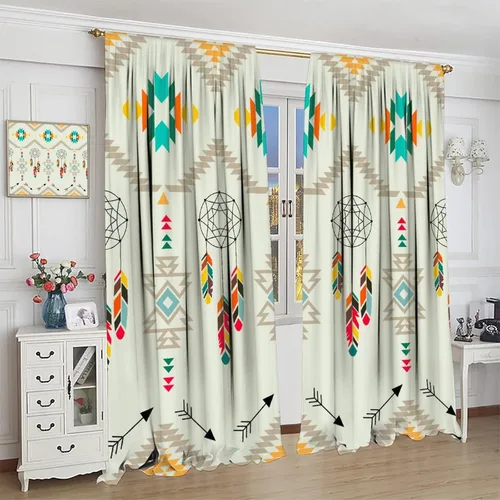 Vista 447 de Cortinas con patrón geométrico tribal, estilo suroeste, azteca, rústico, occidental, nativo americano, opacas, con bolsillo para barra, decoración