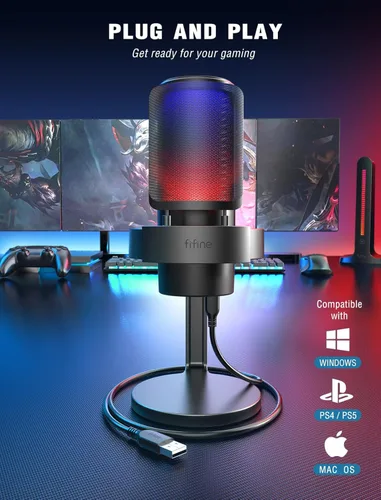 Vista 9 de FIFINE Gaming Headset & Mic Kit,USB Condenser Microphone with Quick Mute, RGB Control,3.5mm Monitor Headphone Jack, PC 3.5mm Headset with 7.1