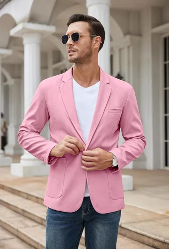 Vista 2 de COOFANDY Blazer casual de lino para hombre, ligero, ajuste regular, chaqueta deportiva con un botón