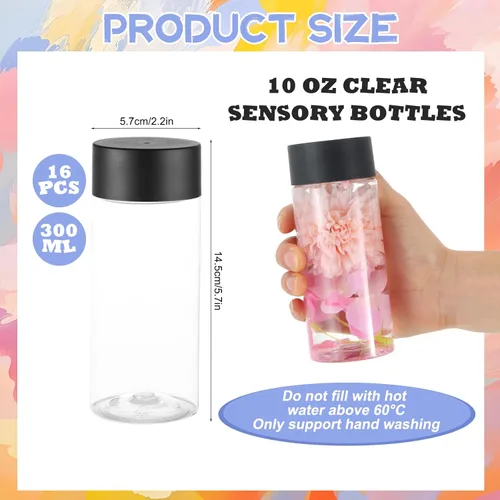 Vista 2 de Juego de 16 botellas sensoriales vacías, botellas sensoriales de plástico transparente a prueba de fugas de 10.1 fl oz con tapas con accesorios