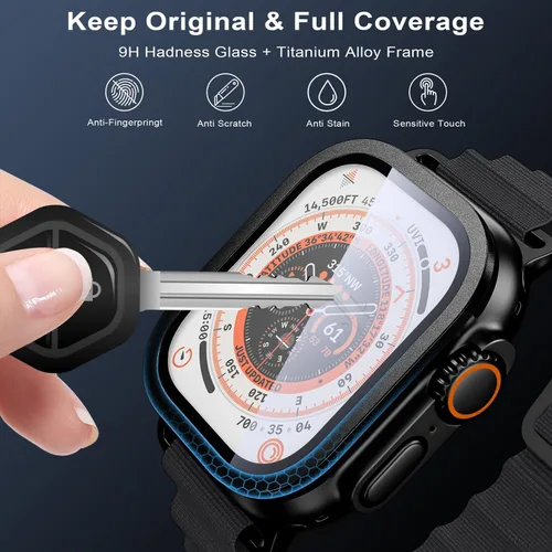 Vista 2 de WSKEN Protector de pantalla para Apple Watch Ultra 3/Ultra 2/Ultra 1.929 in, vidrio templado 9H + marco de aleación de titanio, [Keep Original]