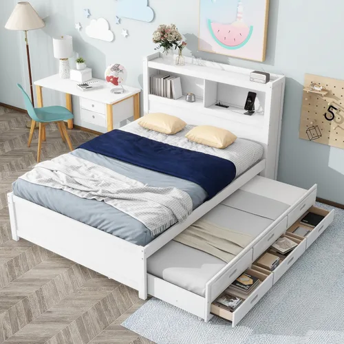 Vista 10 de RUNNA Elegante cama de plataforma de tamaño Queen con estantes extraíbles, cama de almacenamiento de madera con nido de tamaño individual