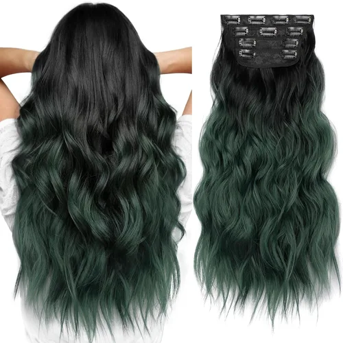 Vista 57 de KooKaStyle Extensiones de cabello sintético con pinzas, largo, ondulado, grueso, balayage, marrón chocolate a rubio caramelo, fibra 10H26