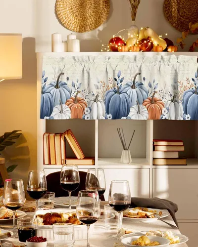 Vista 3 de Cenefas de cortina de otoño con diseño de calabazas anaranjadas azules y grises para ventanas y sala de estar, cenefas botánicas de Acción