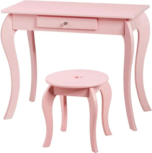 Vista 9 de GLACER Juego de mesa y silla para niños, tocador de maquillaje con espejo y cajón, juego de tocador de princesa de madera 2 en 1 con parte superior