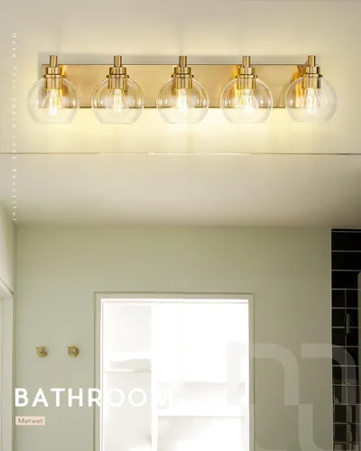 Vista 7 de Accesorios de iluminación de baño, luz de tocador de 5 luces en oro cepillado, apliques de pared modernos de 32 pulgadas con pantalla de vidrio