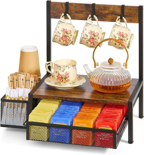 DGWJSU Organizador de bolsas de té, organizador de té de madera y almacenamiento barato, soporte para bolsa de té con cajón de almacenamiento, 4