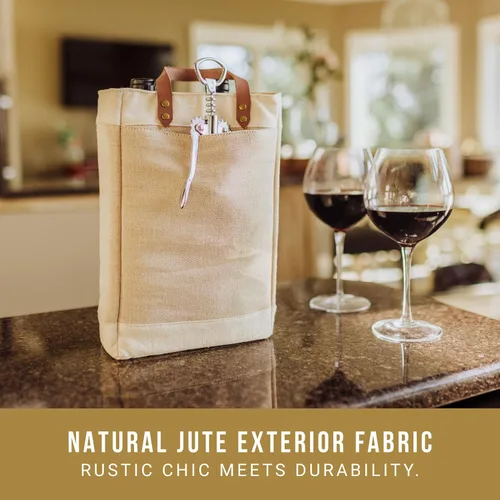Vista 4 de LEGACY - una marca de Picnic Time - Bolsa de vino aislada de yute Pinot para 2 botellas - Bolsa de vino - Bolsa de regalo de vino, (Beige)