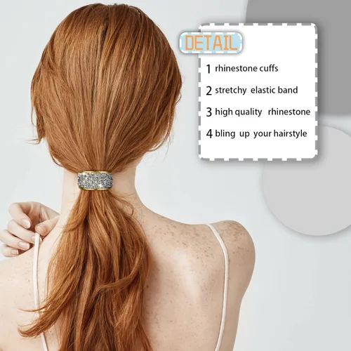 Vista 4 de Paquete de 9 pulseras de cola de caballo de metal con diamantes de imitación decorativos para cola de caballo para mujer, banda elástica dorada