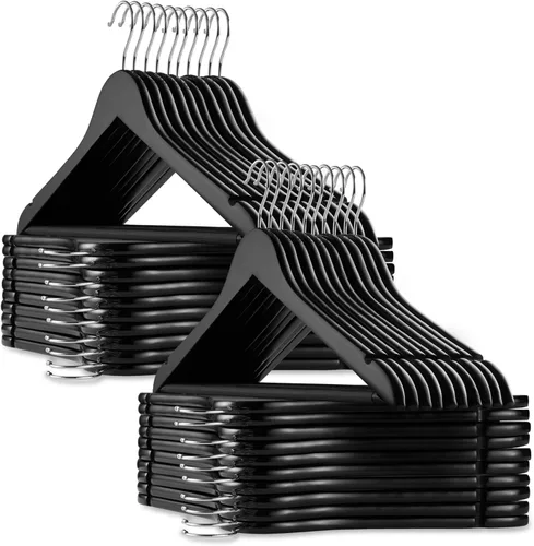 Vista 11 de Casafield - 10 Perchas de Madera Negra para Trajes - Madera de Loto Premium con Muescas y Gancho Giratorio Cromado para Ropa de Vestir, Abrigos