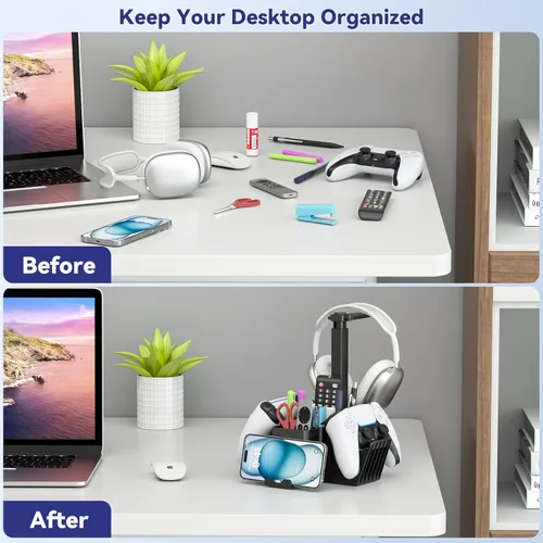 Vista 7 de KDD Soporte de control dual con soporte para auriculares, caja de almacenamiento de escritorio multifuncional con soporte para teléfono, soporte