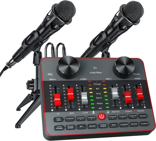 Paquete de equipo de podcast para 2 micrófonos Tiktok Video Creator Kit, interfaz de audio, mezclador de DJ, tarjeta de sonido, micrófono de