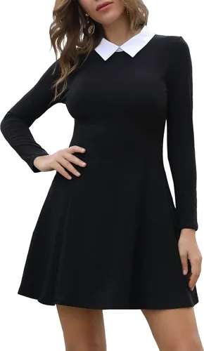 Aphratti vestido informal de manga larga para mujer, con cuello Peter Pan, vestido acampanado y ceñido de patinadora.