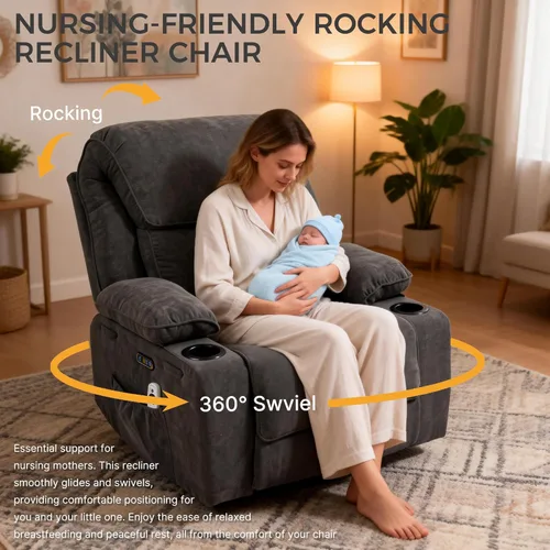 Vista 3 de Power Recliner with Rocking, Swivel & Glider - Nursery Chair with One-Touch Button, Vibrating Massage & Heat, USB Charging Ports, Perfect for