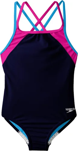 Speedo Traje de baño de una pieza para niña con espalda cruzada y tirantes múltiples