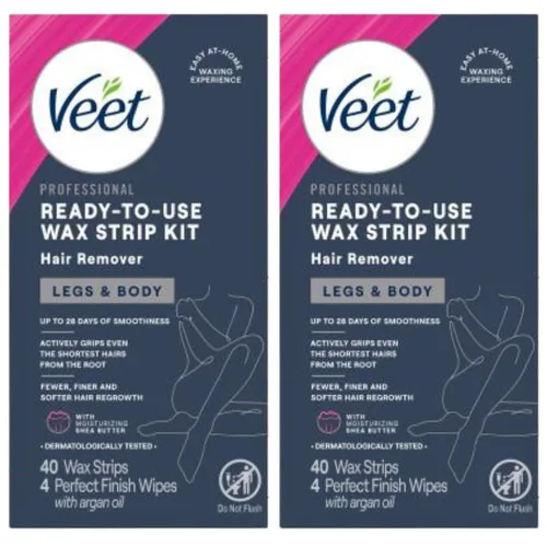 Veet Kit de depilación de piernas y cuerpo, fórmula sensible, tiras de cera fría listas para usar, manteca de karité y fragancia de acai, 40