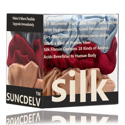 Vista 6 de Suncdelv Seda, coleteros 100% seda para el cabello, lazos para el cabello de 22 momme para antiarrugas y roturas, accesorios naturales para el Azul