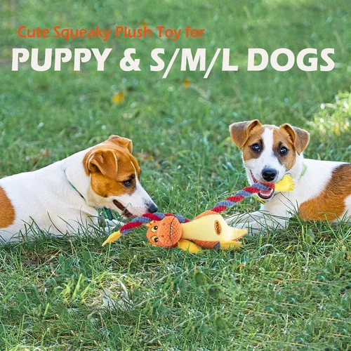 Vista 3 de GOOLA Juguetes Chirriantes para Perros, Lindo Dragón Interactivo de Peluche Relleno con 5 Chirriadores y Papel Arrugado, Juguete Masticable